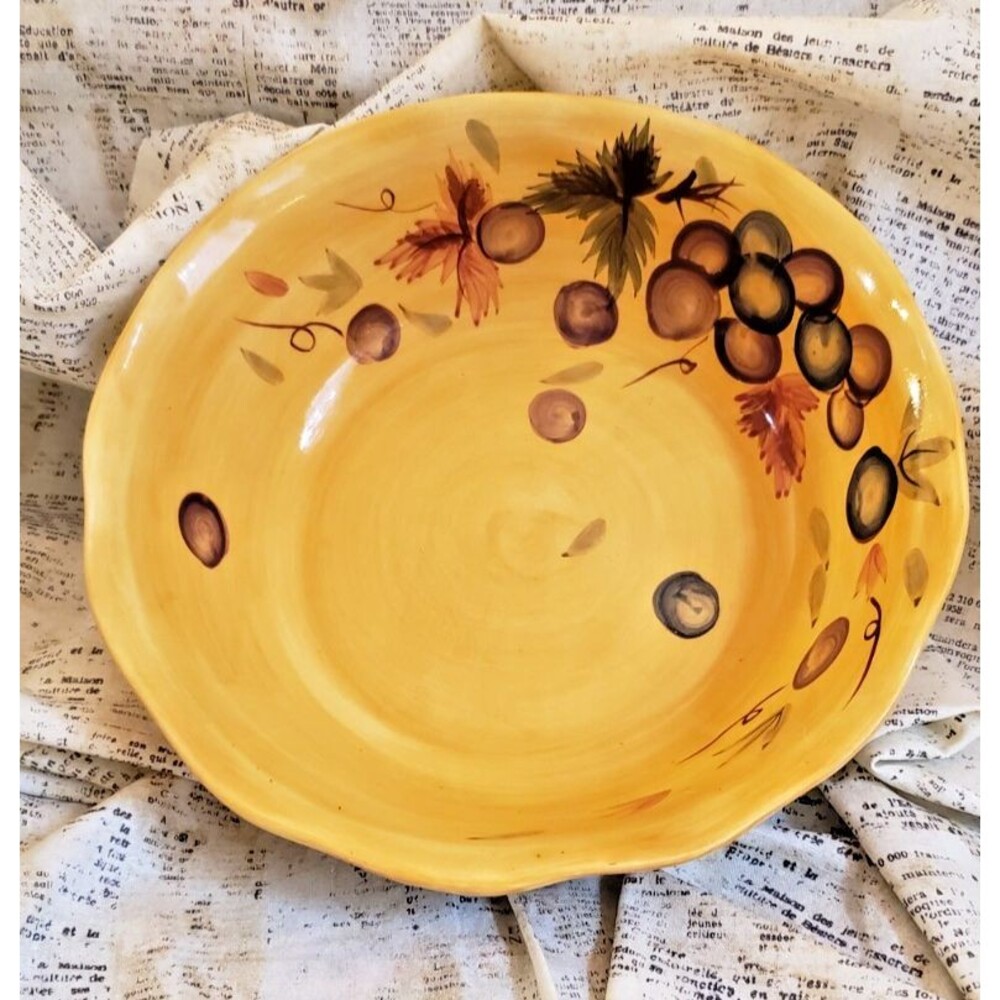 Vintage Serving Bowl - With Grapes and Leaves - Beautiful Golden Yellow Bowl